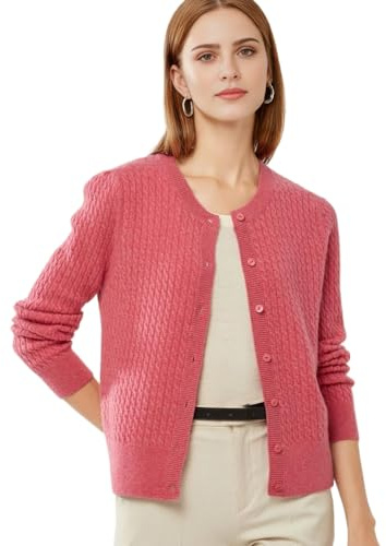 PHYLIN Leaf 100% Cashmere Cardigan Sweater for Women, Rose Pink, Large