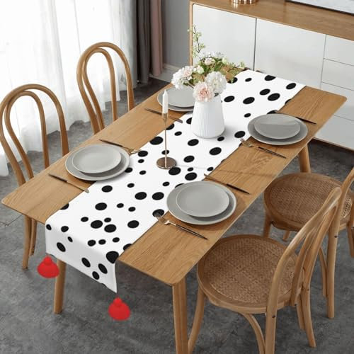 Chemin de table noir et blanc à pois 35,6 x 152,4 cm de style lin pour salle à manger, décoration de table rustique en lin pour fête de vacances