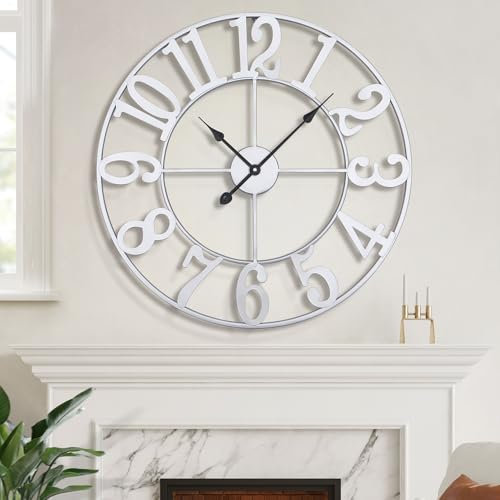 HAITANG Große Wanduhr im Vintage-Stil, Silber Wanduhr rund, Modern Metall lautlos Nicht tickend, batteriebetrieben, 24 inch Arabische Ziffern, Wohnzimmer Uhr Wand, Schlafzimmer, Küchendekoration