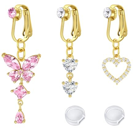 Briana Williams 3 pièces de Faux Piercing au Nombril Clip Anneau de Nombril Non percée Or Bijoux de Ventre Papillon Coeur avec CZ