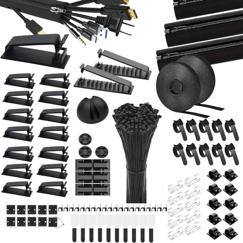 200Pcs Cable Management Kit,Cable Organiser Under Desk,4 Protector Sleeve,7 Cable Holders,10 Zip Tie Mounts,20 Clip Nails,20+2 Roll Cable Straps,37 Cable Tidy Clips,100 Black Cable Organiser Ties