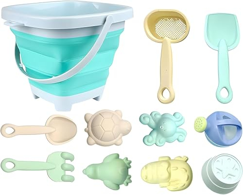Elektheim 12 juguetes de arena con cubo plegable, pala, moldes de arena, hervidor de agua, bolsa de malla, caja de arena, juguetes para la playa, juguetes de jardín para niños, niñas, niños, regalos