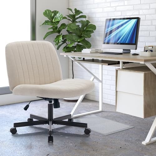 COLAMY Wide Office Chair, Padded Armless Task Vanity Chair Swivel Home Office Desk Chair 115°Rocking Mid Back Ergonomic Computer Chair for Home Working, Make Up, Gaming (With Wheels, Beige)