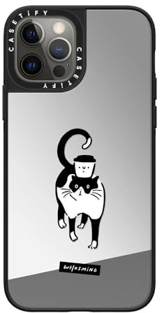 CASETiFY Mirror iPhone 12 Pro Hülle [Reflektierend/1,5 m Fallschutz/Kompatibel mit Magsafe] – WHOSMiNG – Kaffeekatze – Silber auf Schwarz