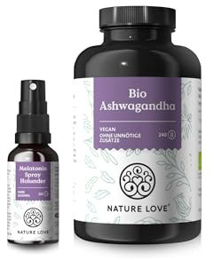 NATURE LOVE® Einfach Loslassen Set mit Vanessa Mai - 240 Kapseln Bio Ashwagandha mit je 1950mg je Tagesdosis - Melatoninspray Holunder mit 0,5mg pro Tagesdosis - hochdosiert