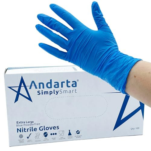 andarta - Nitrile Powder-free Extra Large Disposable Gloves - Blue, Box of 100 - Latex-Free - with Textured Fingertips for Increased Grip - Reliable Protection - Ideal for Medical and Industrial Use