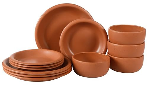 Bloomhouse Corsica Clay Geschirr-Set aus Steingut, rustikale reaktive Glasur, stapelbare Teller und Schüsseln, Set für 4 Personen, matt, gebrannte Aprikose, Terrakotta, 12-teilig