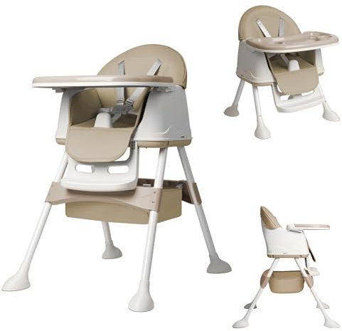 TWOLIIN Hochstuhl für Babys, 3-in-1 Klappbarer Kinder Essstuhl mit Höhenverstellung, Abnehmbarem Sitz und Rollen, Tragbarer Kombihochstuhl für Zuhause und Outdoor, Beige
