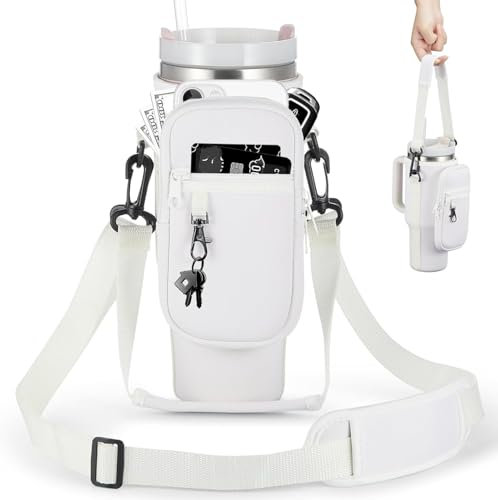Insulated Neoprene Water Bottle Bag with Phone Pocket for Stanley Cup 40oz – Crossbody Holder with Adjustable Shoulder & Handheld Strap, Stanley Cup Accessories (Milky White)