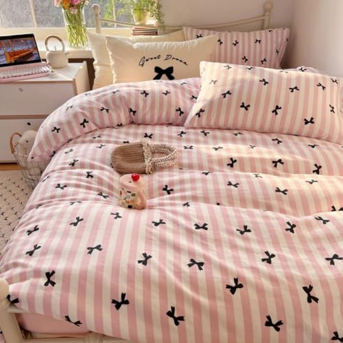 Covebett Bettwäsche 135x200 Weiß mit Rosa Schwarz Streifen Schleifen Mädchen Bettbezug Set Microfaser Weich Aesthetic Gestreift Deckenbezug und Kissenbezug 80x80 mit Reißverschluss