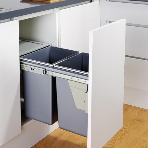 Dual Pull Out Trash Can Under Cabinet Kit de Poubelle Cachée sous Le Comptoir avec Glissières Soft-Close pour Évier de Cuisine, Buanderie, Double Poubelle, 11L et 20L Chacune(25x46x36.5cm)