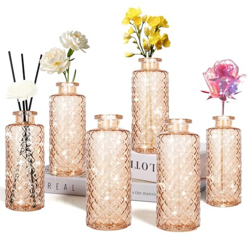 AssHMKIT Glass Flower Vase, Amber, Aromatherapy Bottle, Small Vase, 6 Sets, Simple Style, Centerpieces for Table, for Home Decoration, Anniversary, Wedding