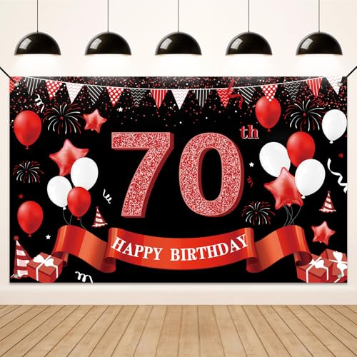 Koliphy 70. Geburtstag Banner, 70. Geburtstagsdeko für Mann Frau, Happy Birthday Banner Stoff Deko Geburtstagsbanner Hintergrund Party Dekoration Drinnen und Draußen (Schwarz Rot)