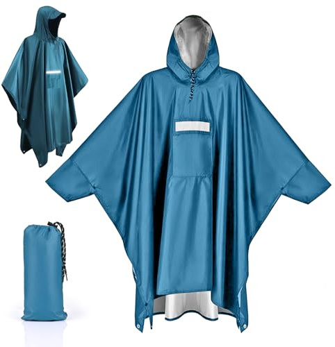 Apritsce Regenponcho für Erwachsene, Regenjacken Wasserdichter mit Kapuze Taschen Reflexstreifen, 3-in-1 Multifunktions Leichter Regen Poncho für im Freien Camping Wandern Angeln (Blau)