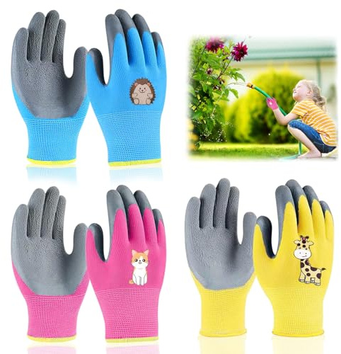 WEDAMOO 3 Paar Gartenhandschuhe Arbeitshandschuhe für Kinder 3–5 Jahre | Rutschfeste Latex Schutzhandschuhe, Verschleißfeste, Atmungsaktive, Kinderhandschuhe für Gartenarbeit, Pflanzen, Spielen