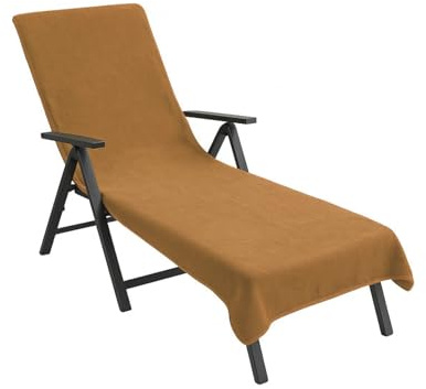 Lemos Home Liegenauflage mit Kapuzenüberschlag 200x75 cm aus Baumwolle Frottee Handtuch, Schonbezug für Gartenliege, Sonnenliege und Liegestuhl, universell passend, waschbar, Farbe wählbar. (Camel)