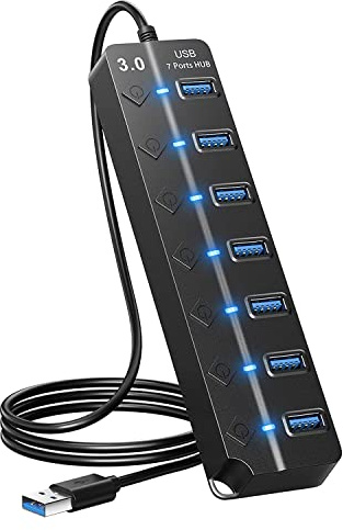 Qusedwey 7 Puertos USB Hub Splitter Multi Hub USB 3.0 Adapter USB Varios Puertos Adaptador de Corriente con Interruptores y Luces