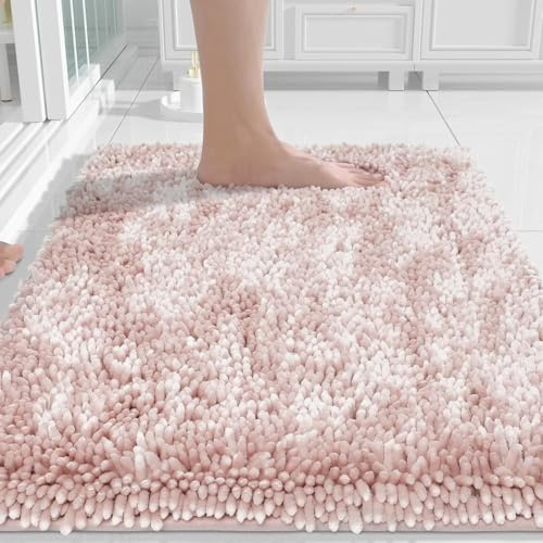 Yimobra Luxury Chenille Bath Mat, Extra Soft and Absorbent Shaggy Bathroom mats Non Slip, Machine Washble Dry, Plush Floor Carpet for Tub, Shower, and Bath Room, Pink, 51 x 81 cm