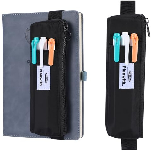 LIQWEI Schwarz Elastische Stiftehalter, Kleines Stifttasche für Notebook | Reißverschluss Stifteetui mit Elastisch Band Mäppchen Wiederverwendbares mit Gummiband für Tagebuch Notizbuch Planer Bücher