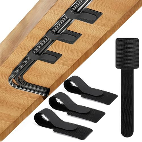Under Desk Cable Management Set, 50pcs Self-Adhesive Cable Tidy Clips & Reusable Straps, Strong Sticky-Back Hook and Loop Fasteners for Cord Wire Organizer PC TV Laptop Home Office, Black