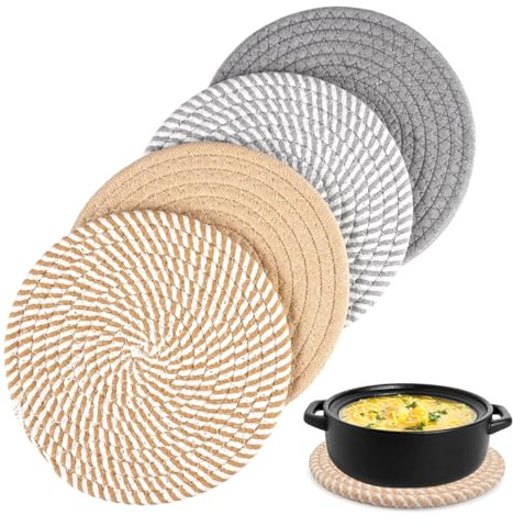 4 Pièces Dessous de Plat en Fil de Coton Ronds Tressés | 20cm Antidérapants Tissé Dessous de Plat, Dessous de Coton Résistant à La Chaleur, pour Cuisine, Bol, Casseroles, Poêles