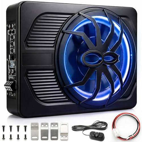 Aktiv Subwoofer für Auto, 800W Ultradünner 10 Zoll Subwoofer mit integriertem Verstärker, Tiefpassfilter 50–150 Hz, 24 dB Starker Bass, mit Controller & Schutzschaltungen, LED Ambiente Blauem Licht
