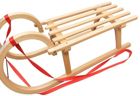 INDUSTORM Holzschlitten, Schlitten aus Buchenholz für Kinder & Erwachsene, Kinderschlitten, Metallverstärkungen, Vintage Hörnerschlitten & Weihnachtsschlitten HUBI Ovale Kufen, Nicht Klappbar