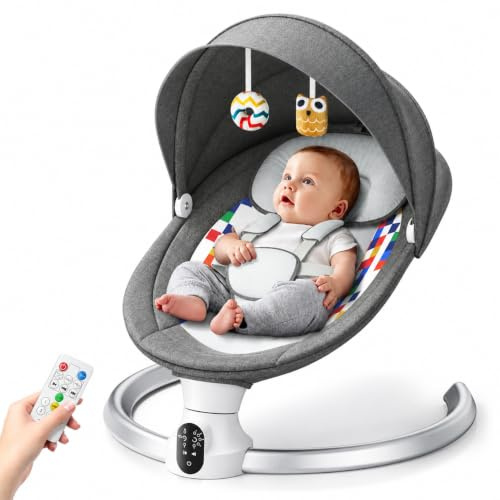 Helangel Babywippe, Babyschaukel Elektrisch mit Kabel und mit Bluetooth, Elektronisch Baby Schaukelsitz Babywippe und Liegestuhl für Kinder bis 9 kg, 3 Timer-Modi, Dunkelgrau (Grau)