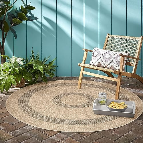 KADIMA DESIGN Outdoor Teppich Vintage Retro Wetterfest UV-Beständig Waschbar Strapazierfähig Langlebig Rund Schwarz 120x120 cm Terrasse Balkon Fußbodenheizung geeignet | Locarno