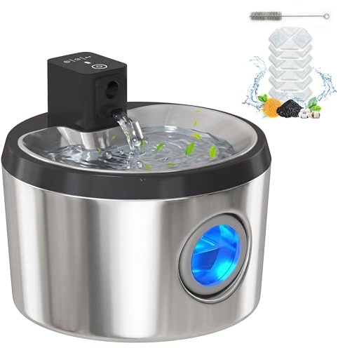 PawHut Wireless Cat Water Fountain for Drinking Stainless Steel, 4L | Large Battery Operated, Cordless, Ultra-Quiet Pet Water Dispenser, Motion Sensor, 6 Filters, Rechargeable