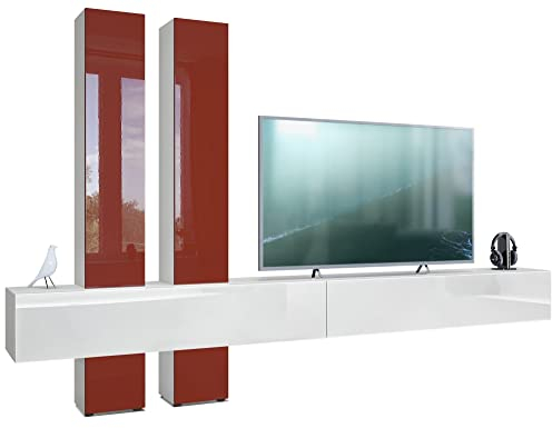 Vladon Wohnwand Moja, Made in Germany, Weiß matt & Weiß/Bordeaux Hochglanz - Moderne Anbauwand für Ihr Wohnzimmer (BxHxT) 330 x 204 x 39 cm
