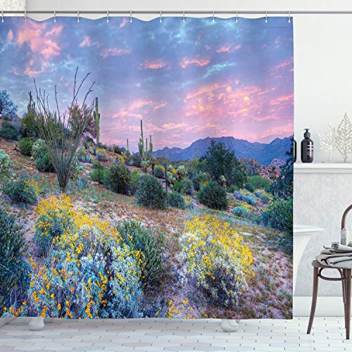 ABAKUHAUS Landschaft Duschvorhang, Berg Floral Scenery, Stoffliches Gewebe Badezimmerdekorationsset mit Haken, 175 x 200 cm, Lila Grün