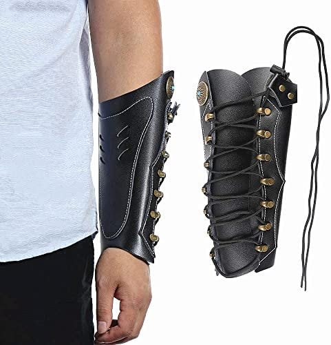 Huntingdoor Bogenschießen Armschutz aus Leder Traditionell Unterarmschutz lang Jagd Bogen Armschoner Mittelalterliche Armschienen Schutzausrüstung (Schwarz)