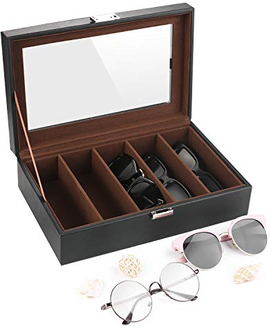 SHYOSUCCE 5 Fächer Brillenbox mit Transparent Glasdeckel, Brillenaufbewahrung aus PU Leder für Brillen, Sonnenbrillen und Lesebrillen, Schwarz(29x18.5x8cm)