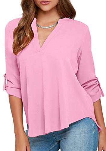 TYQQU Femmes Sexy V Neck Casual Travail Tops Mousseline De Soie Frappable Chemise Couleur Unie Chemise Rose Clair S