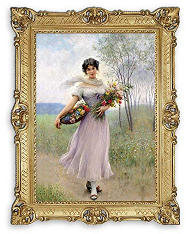 Lnxp Wunderschönes Gemälde 70x90 cm Künstler; E. de Blaas Mädchen in einem lila farbigen Kleid mit Blumenstrauß ´ Bild Bilder Barock Rahmen Antik Repro Renaissance als Gemälde 58B