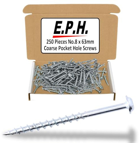 E.P.H. Pocket Hole Screws – No.8 x 63mm, Pack of 250 – Coarse Self-Cutting Thread, Square Drive – For Softwoods & Man-Made Boards – EPHS863250C