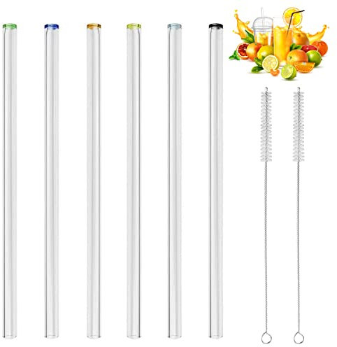 Glas-Strohhalme mit bunten Spitzen, handgefertigt, grade - 6 er Set mit Bürste - Glas-Trinkhalme aus Laborglas, ideal für Cocktail, Smoothie etc - 21,5 cm x 10 mm