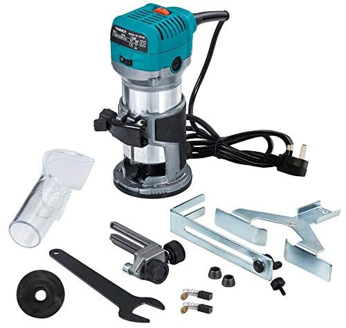Palm Router Trimmer Woodworking Joiners Tool, Compact Wood Router Hand Trim Router with Trimmer Base, Straight Guide, Trimmer Guide,Template Guide,2 Collets 1/4(6.35mm) and 3/8 etc.