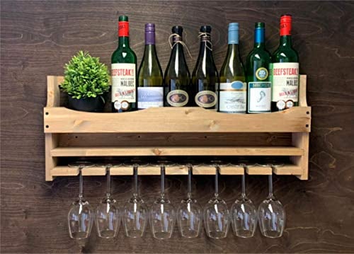 Wooden Wine Bottle Holder and 8 Glass Wall Mounted Display (8WO)(EM)