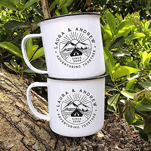 eBuyGB Personalised Adventuring Together Mug, 13oz Travel Camping Enamel Coffee Mug, Couples Metal 380 ml Tea Cup, Couple Gifts, 10th Anniversary Tin Gift (1 Mug)