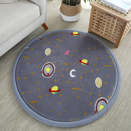 Loartee korallenrote Samtmatte Teppich Rund, als Krabbeldecke fürs Kind,2,5cm Dicker Kinderteppich,Stern grau,140cm