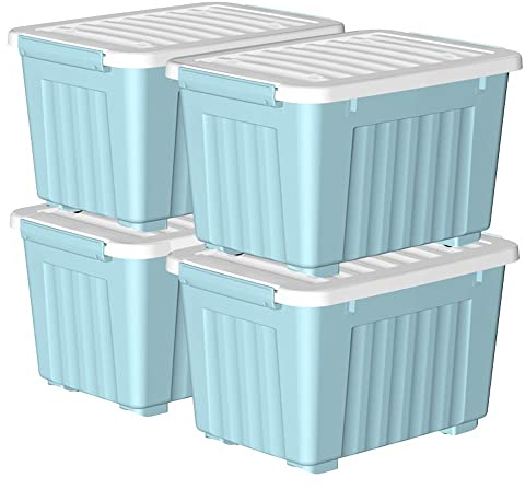 Cetomo 55L*4 Storage Boxes with Wheels, Plastic Storage Box with Lid, Latching Buckles, Click Closure, Stackable, Nesting, Durable Organizer for Home Office Clothes, Blue, 55L-4 Pack