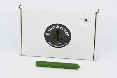 Premium Baumkerzen 12 Stück aus 100% EU Bienenwachs Honigwaben Muster farbig Christbaumkerzen (Grün)