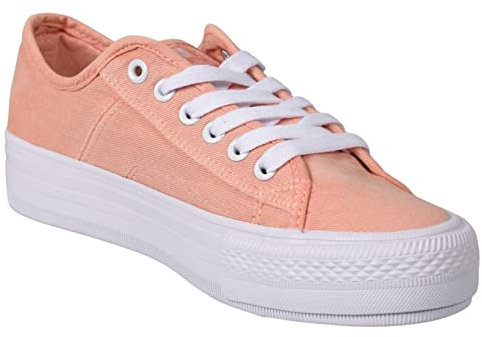 Dek Womens Canvas Shoes Lace Up Trainers Casual Gym Plimsoll Flat Pump Platform Coral Pink 6