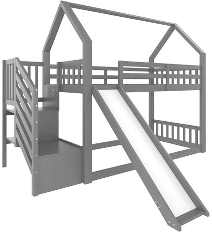 Azkoeesy Lit superposé, avec toboggan et escalier sûr, 90 x 200 cm, pour 2 enfants et filles, lit mezzanine, lit mezzanine, lit mezzanine, avec sommier à lattes et balustrade, en bois de pin, gris