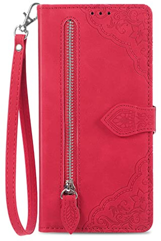 NEXCURIO Zip Wallet Case Compatible with Samsung Galaxy S8 / G950F Phone Case Wallet with Credit Card Holder Strap Stand Women Leather Flip Case Floral Folding Cover Shockproof - Red