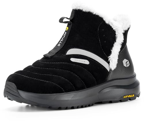 FitVille Bottes d'hiver pour Femme Pieds Larges Bottines de Neige avec Doublure Chaude Imperméables à Tige Courte à Enfiler pour l'extérieur et Antidérapantes Noir 39 EU Large