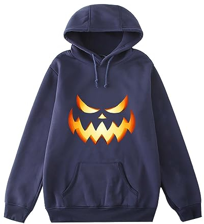 WLHBF Halloween Pullover Damen Langram Halloween Kreativer Kürbis-Gesichtsdruck mit Kapuze, langärmeliger Pullover, lockerer Damen-Kapuzenpullover Pullover Damen 52 (Blue, M)