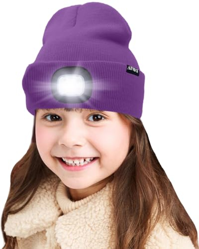 ATNKE Kids LED beleuchtete Mütze mit Licht, USB Wiederaufladbare 4 LED Scheinwerfer wasserdichte Winterwärmer Strick Nachthüte mit leichten Jungen Mädchen/Inner Purple